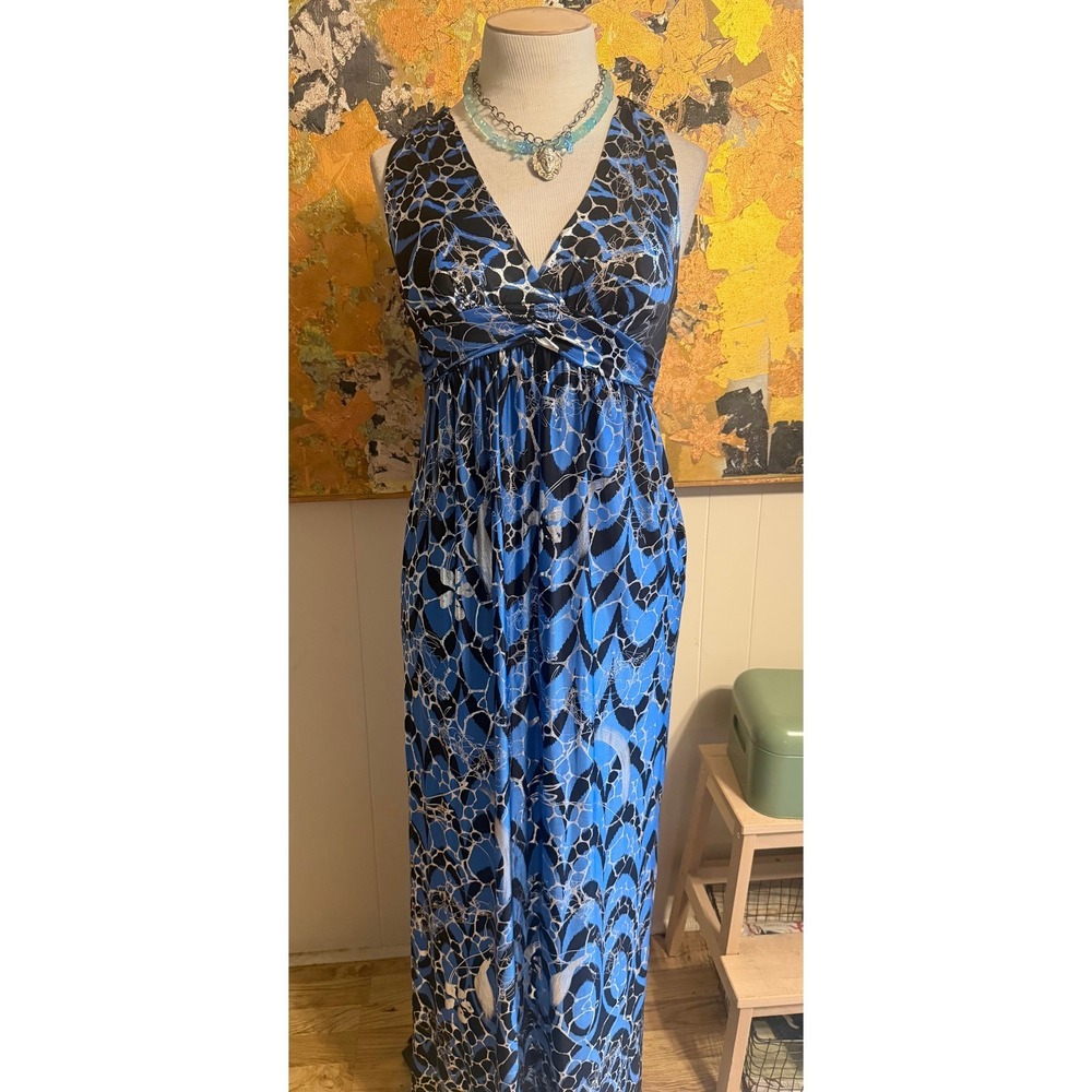 Shimmery Vintage Miss Hawaii Silver & Blue Maxi Halter Dress L